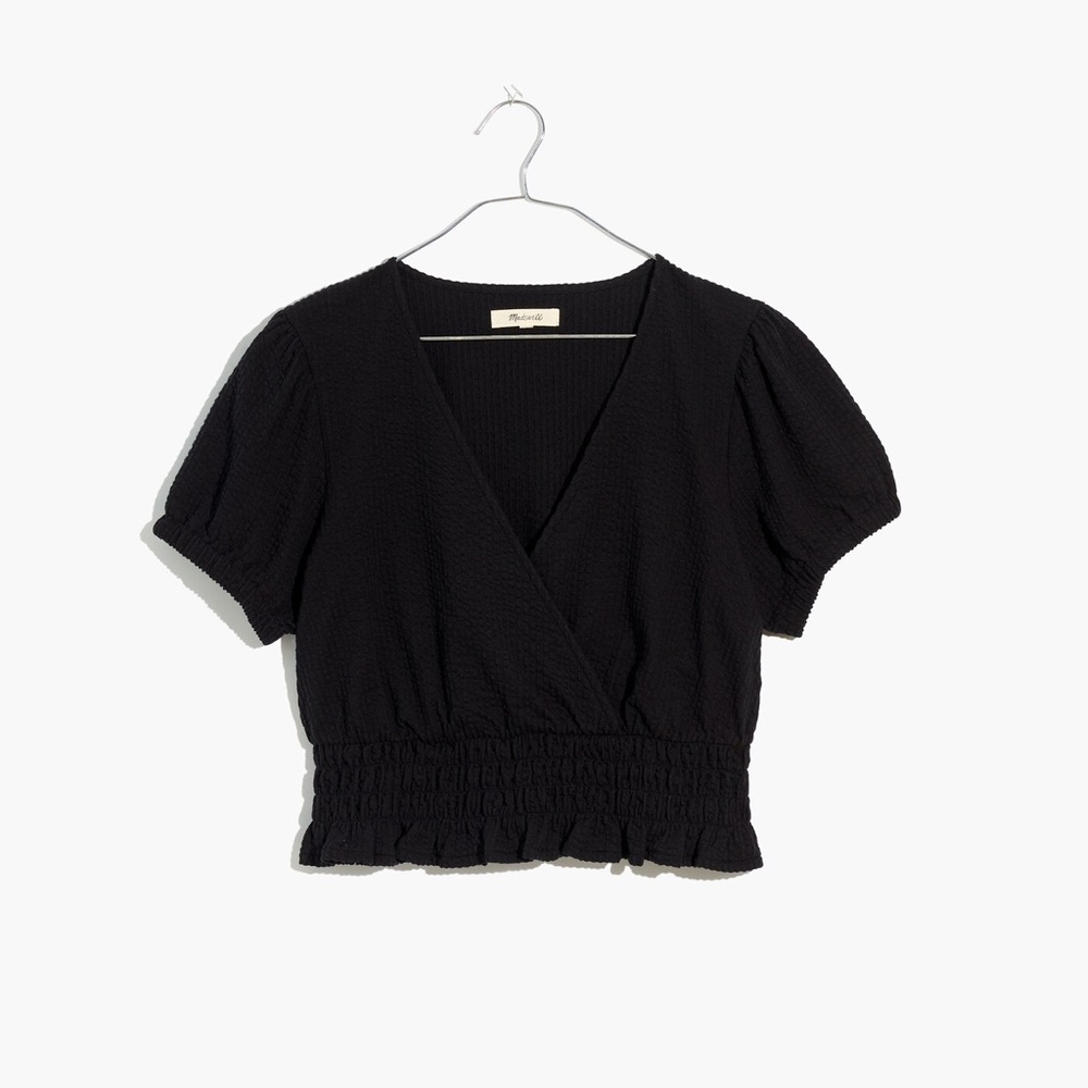 Madewell Knit Seersucker Smock-Waist Crop Top - True Black, Size Medium